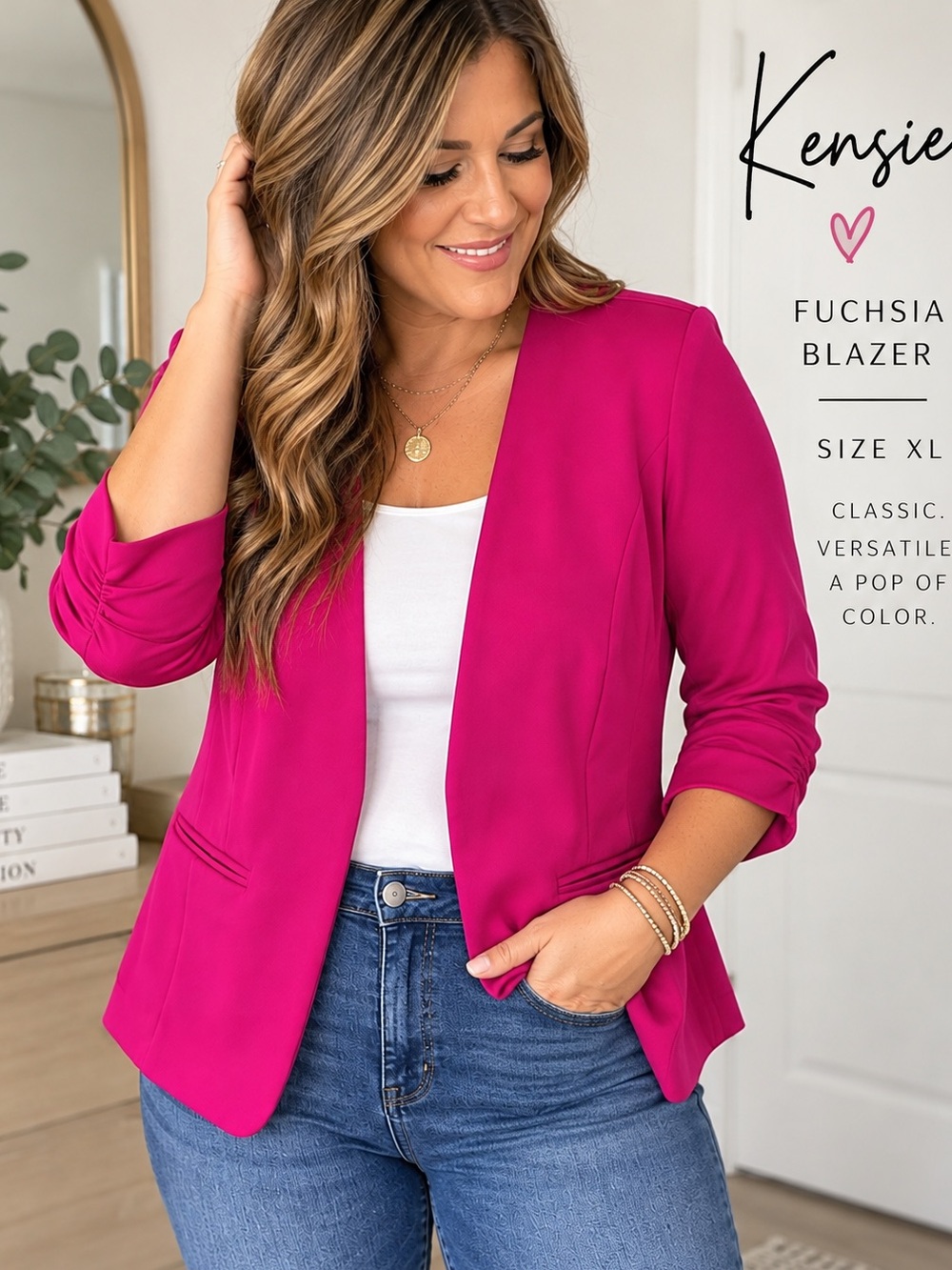 Kensie Fuchsia Pink Ruched Sleeve Blazer Jacket XL